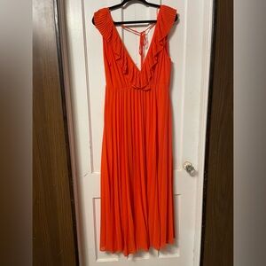 Zara red/orange pleated backless chiffon lined maxi dress. Size M